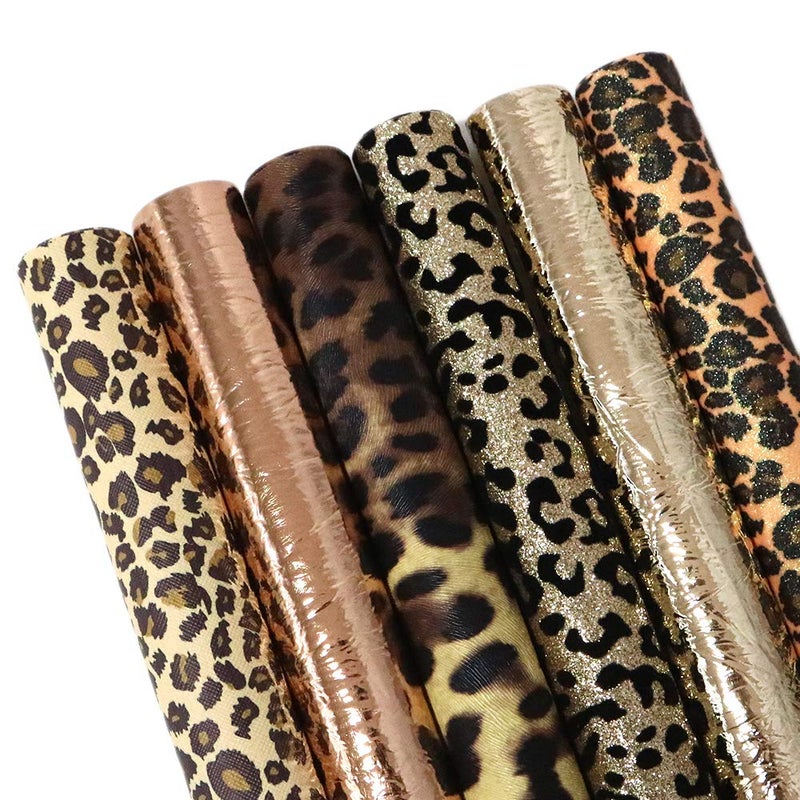 David angie Leopard Printed Faux Leather Sheet Metallic Burst Crack Synthetic Leather Fabric Assorted 6 PCS 7.7" x 12.9" (20 cm x 33 cm) for Hair Accessories DIY Crafts Making (Leopard Pattern B) - Image 1